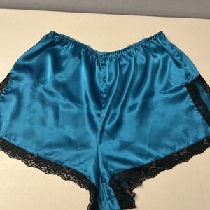 Victoria's Secret Gold Label Satin Peacock Blue Shorts with Black Lace Trim Med